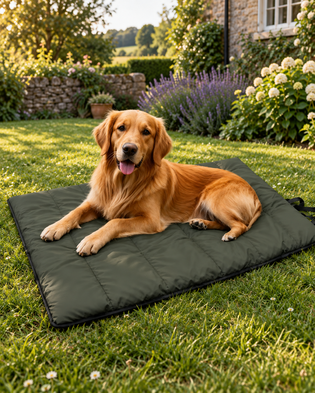 Roll-Up Dog Travel Mat in a garden