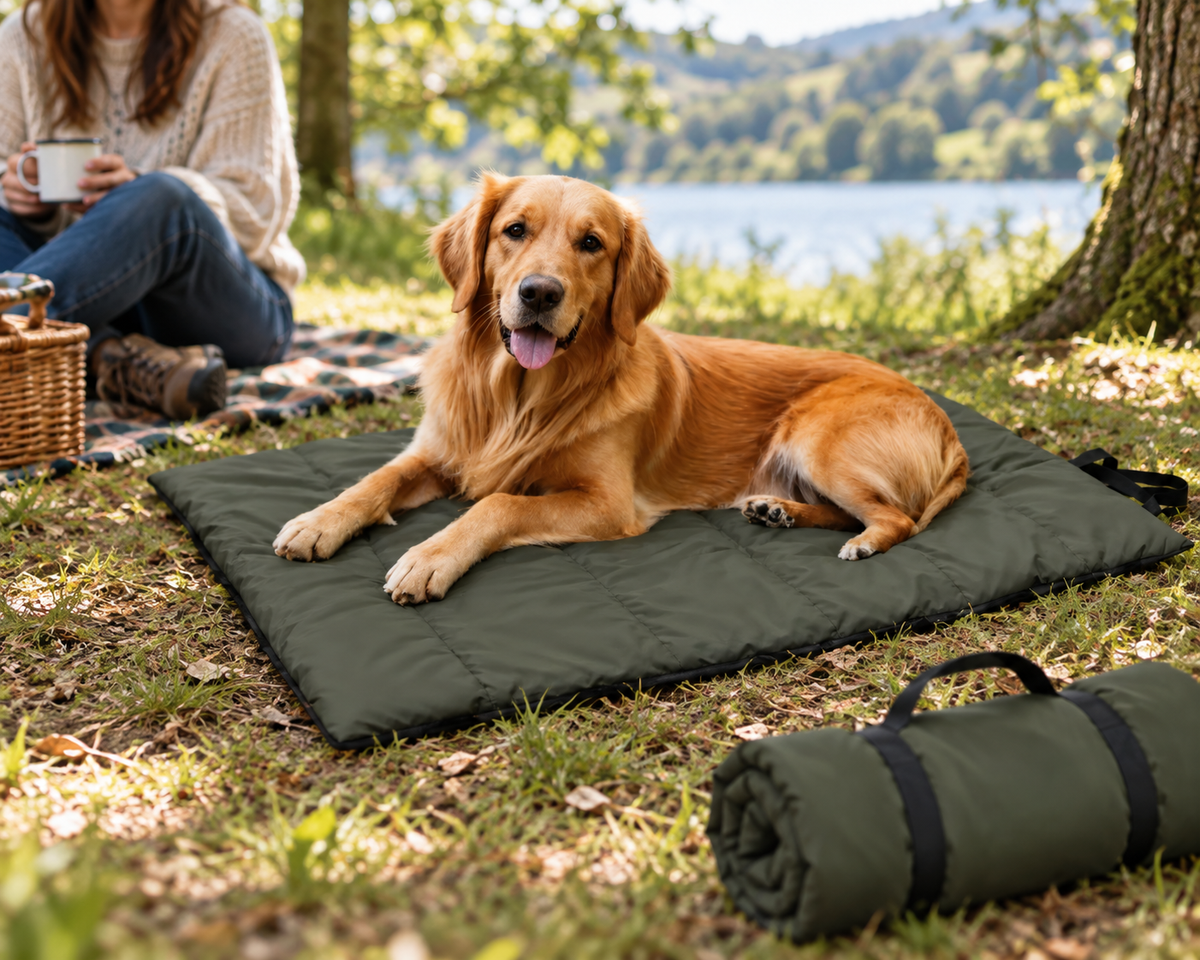Roll-Up Dog Travel Mat at a picnic