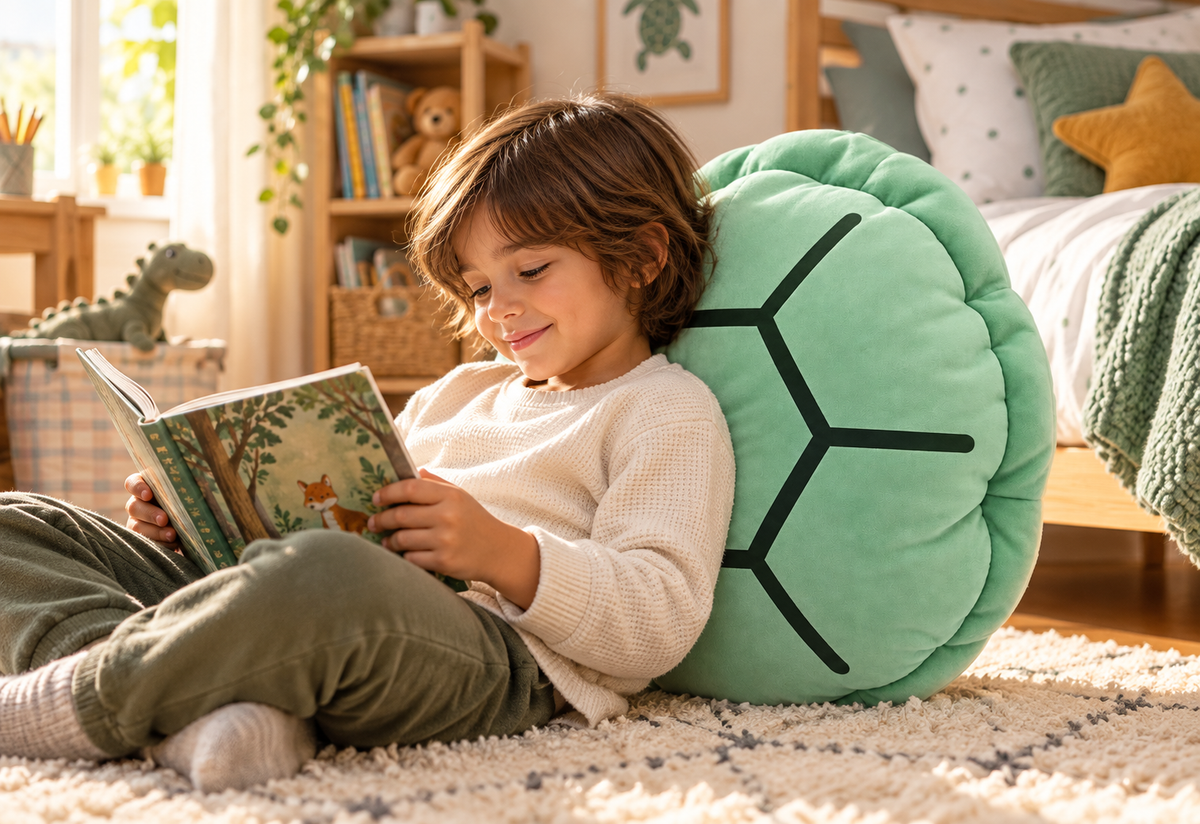 Wearable Turtle Shell Plush reading lifestyle