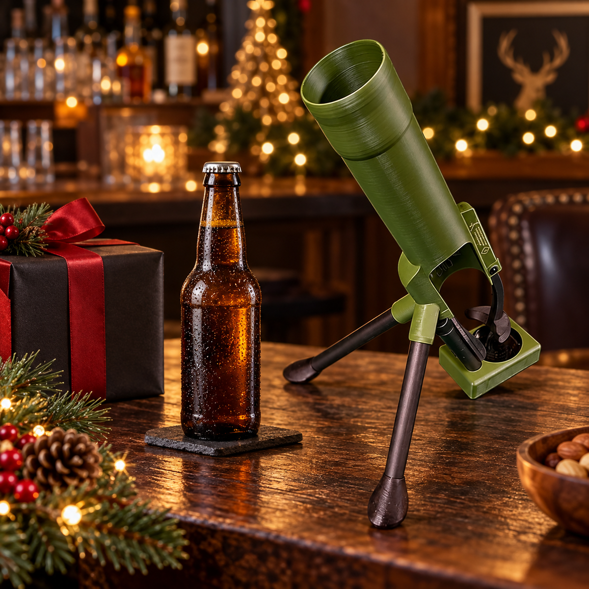 Mortar Bottle Opener in a festive home bar