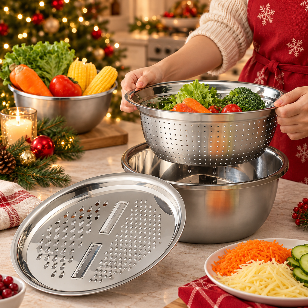 Stainless Steel Grater Bowl Set in a festive kitchen