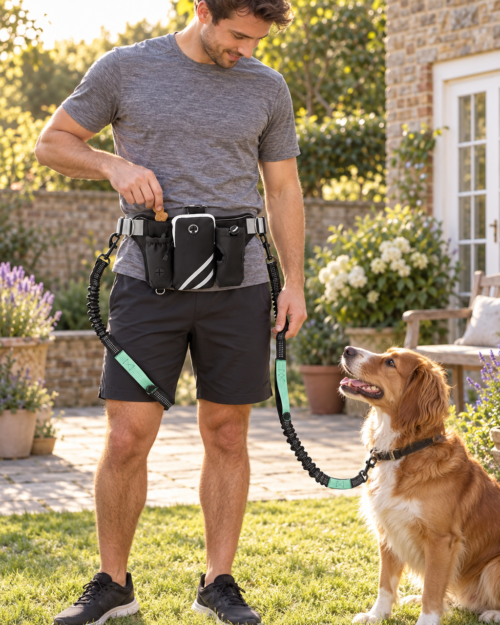 Hands-Free Dog Walking Waist Pack treat-pocket in use