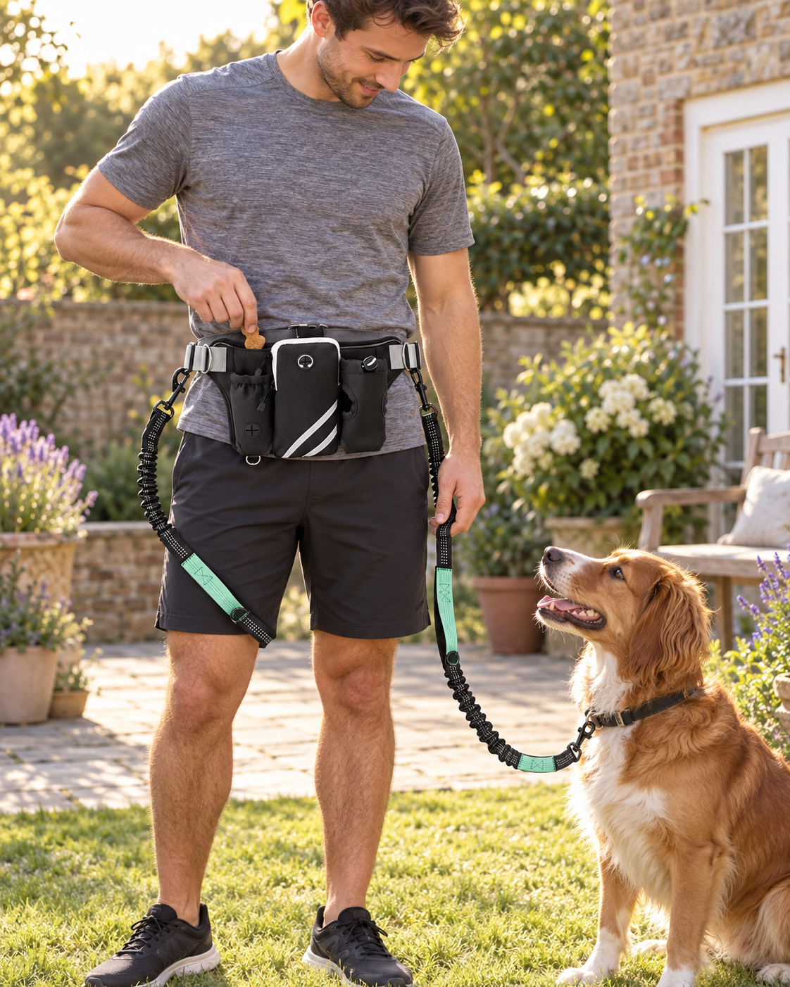 Hands-Free Dog Walking Waist Pack treat-pocket in use